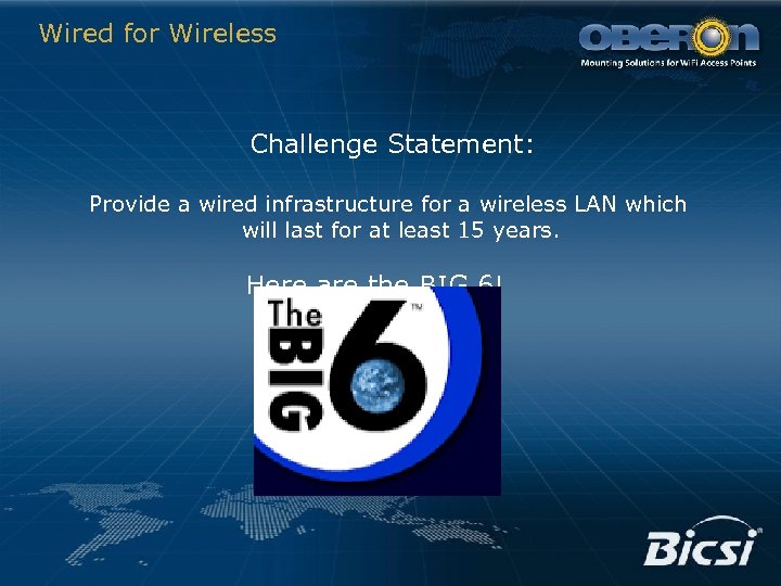 Wired for Wireless Challenge Statement: Provide a wired infrastructure for a wireless LAN which