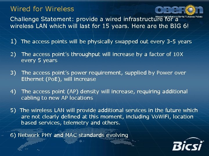 Wired for Wireless Challenge Statement: provide a wired infrastructure for a wireless LAN which