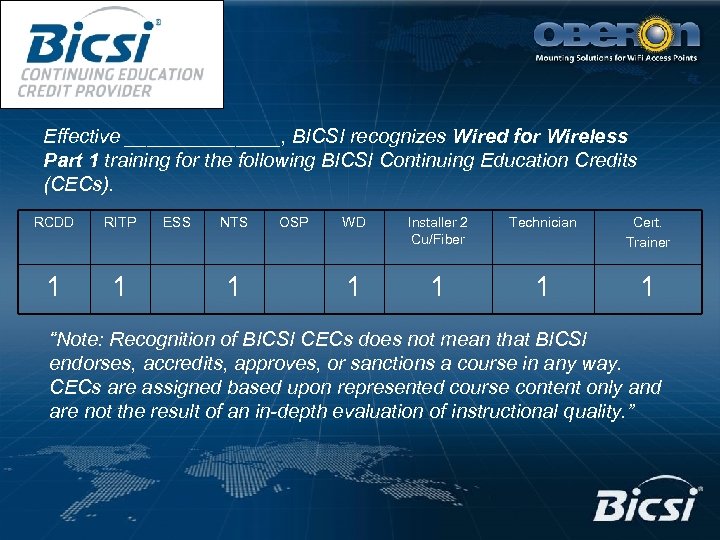 Effective _______, BICSI recognizes Wired for Wireless Part 1 training for the following BICSI