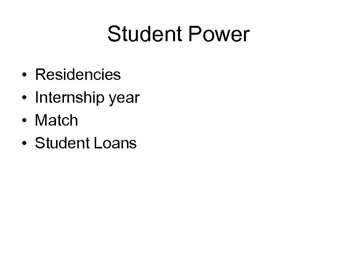 Student Power • • Residencies Internship year Match Student Loans 