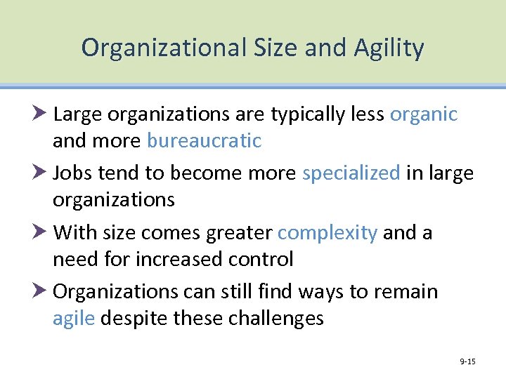 Organizational Size and Agility Large organizations are typically less organic and more bureaucratic Jobs