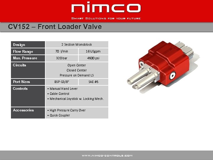 CV 152 – Front Loader Valve Design 2 Section Monoblock Flow Range 70 l/min