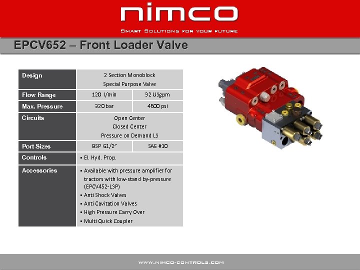 EPCV 652 – Front Loader Valve Design Flow Range Max. Pressure Circuits Port Sizes