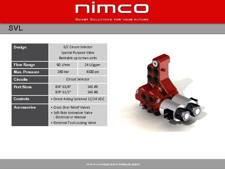 SVL Design 6/2 Circuit Selector Special Purpose Valve Bankable up to two units Flow
