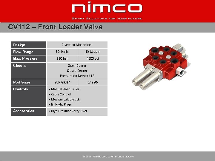 CV 112 – Front Loader Valve Design 2 Section Monoblock Flow Range 50 l/min