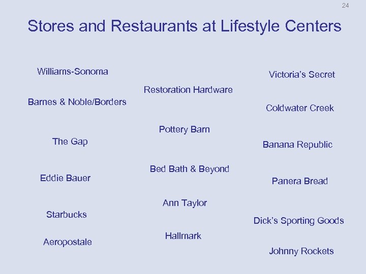 24 Stores and Restaurants at Lifestyle Centers Williams-Sonoma Victoria’s Secret Restoration Hardware Barnes &