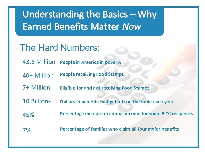 Understanding the Basics – Why Earned Benefits Matter Now The Hard Numbers: 43. 6