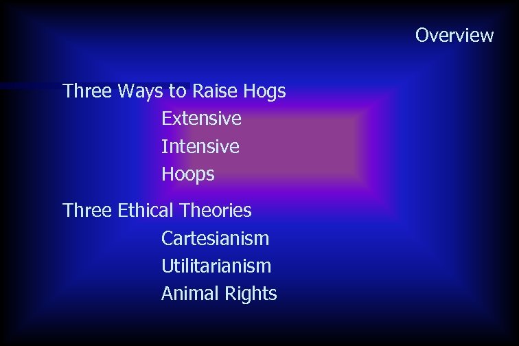 Overview Three Ways to Raise Hogs Extensive Intensive Hoops Three Ethical Theories Cartesianism Utilitarianism