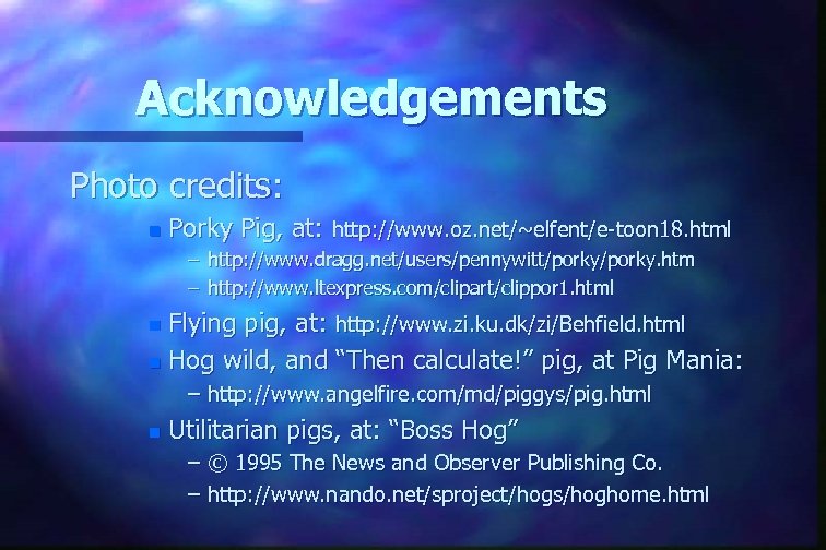 Acknowledgements Photo credits: n Porky Pig, at: http: //www. oz. net/~elfent/e-toon 18. html –