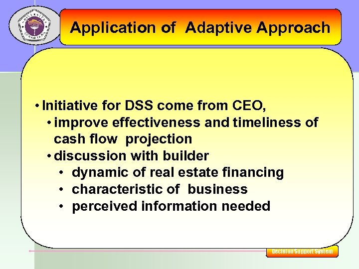 Application of Adaptive Approach • Initiative for DSS come from CEO, • improve effectiveness