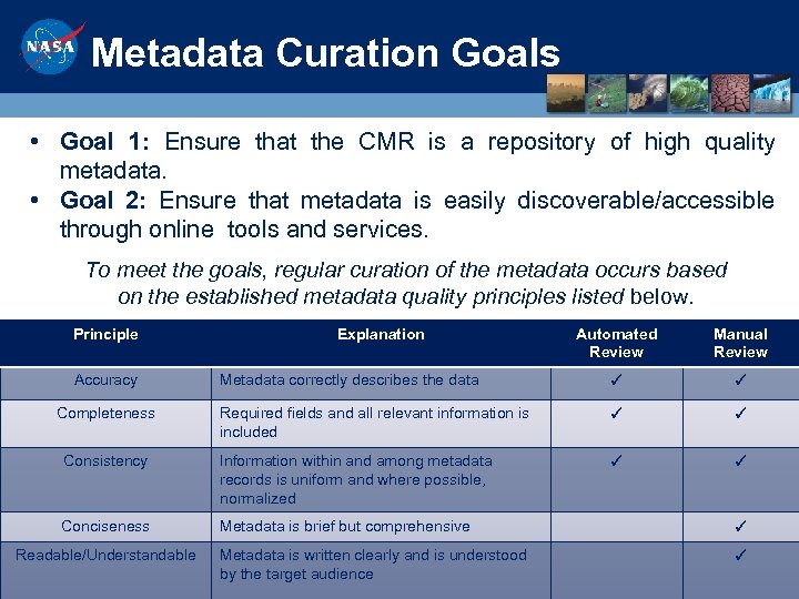 Metadata Curation Goals • Goal 1: Ensure that the CMR is a repository of