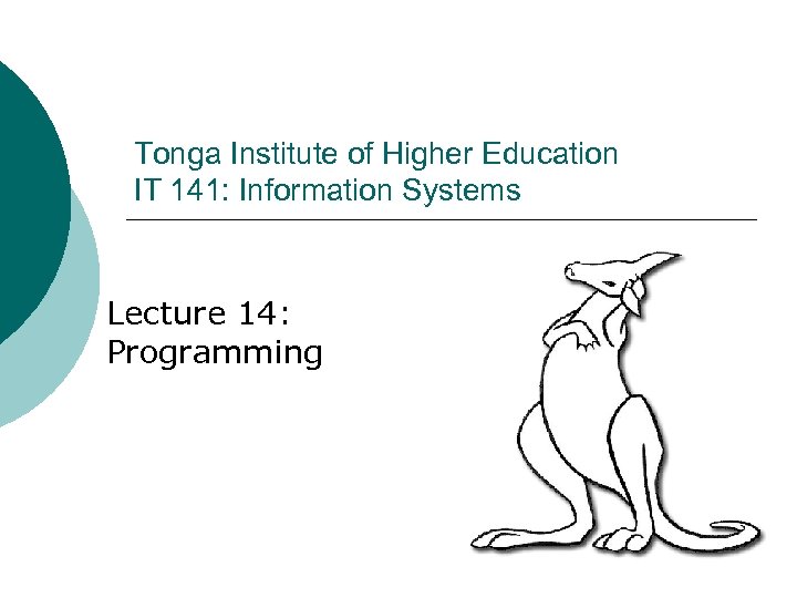Tonga Institute of Higher Education IT 141: Information Systems Lecture 14: Programming 
