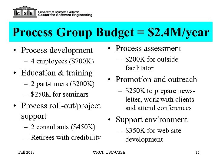 Process Group Budget = $2. 4 M/year • Process development – 4 employees ($700