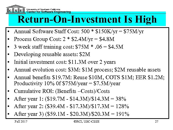 Return-On-Investment Is High • • • Annual Software Staff Cost: 500 * $150 K/yr