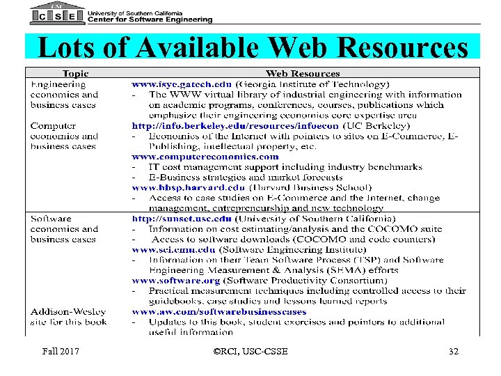 Lots of Available Web Resources Fall 2017 ©RCI, USC-CSSE 32 