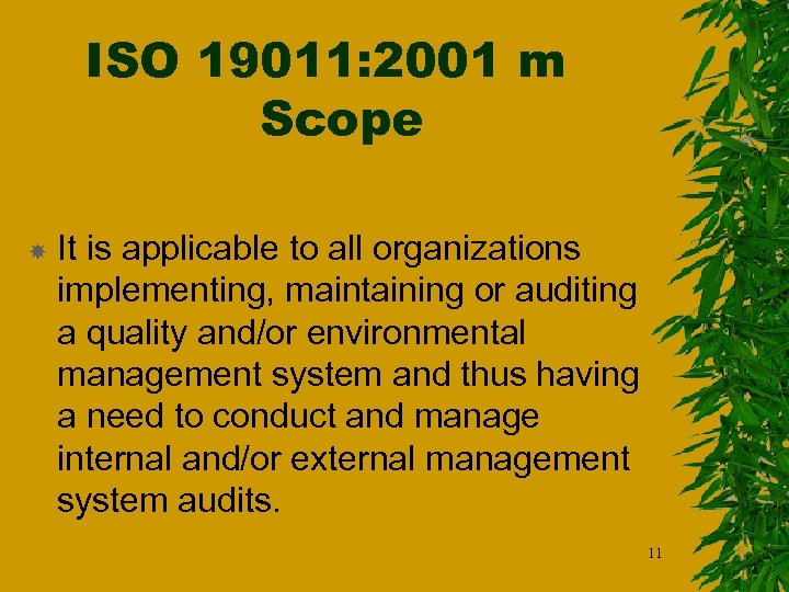 ISO 19011: 2001 m Scope It is applicable to all organizations implementing, maintaining or