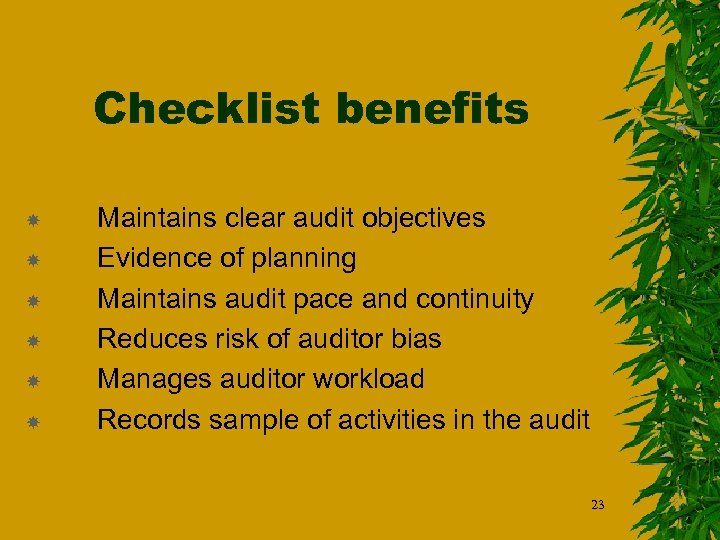 Checklist benefits Maintains clear audit objectives Evidence of planning Maintains audit pace and continuity