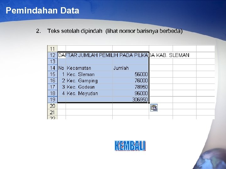 Pemindahan Data 2. Teks setelah dipindah (lihat nomor barisnya berbeda) 