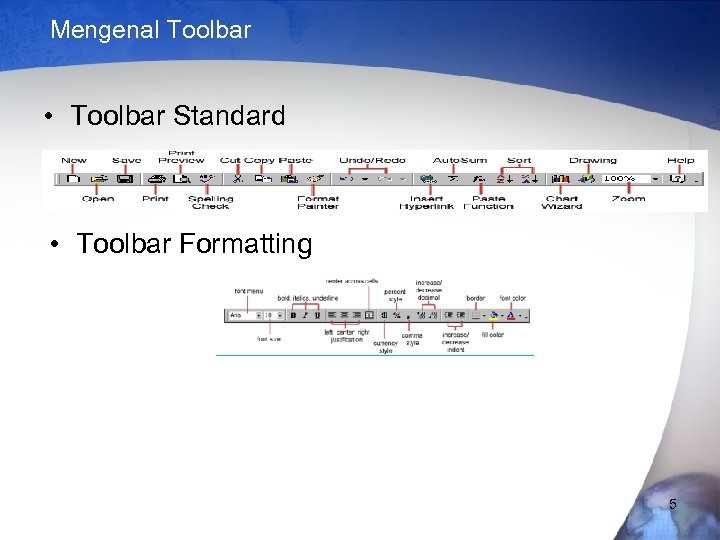 Mengenal Toolbar • Toolbar Standard • Toolbar Formatting 5 