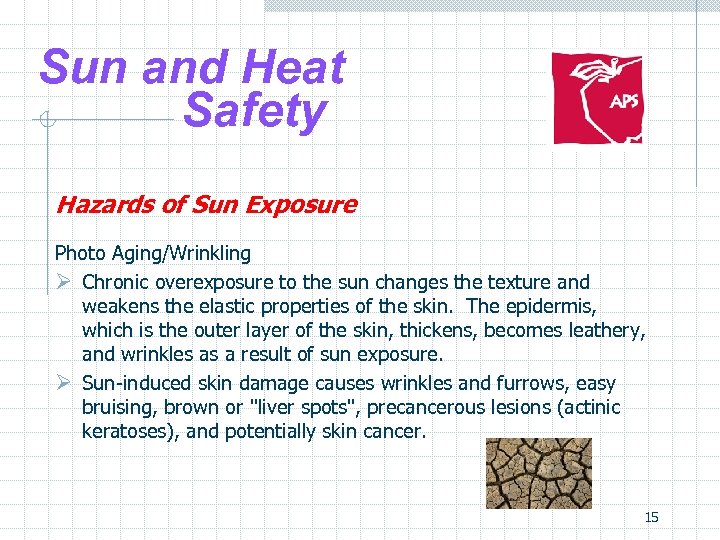 Sun and Heat Safety Hazards of Sun Exposure Photo Aging/Wrinkling Ø Chronic overexposure to