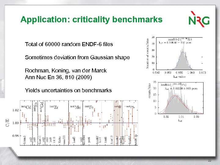 Application: criticality benchmarks Total of 60000 random ENDF-6 files Sometimes deviation from Gaussian shape
