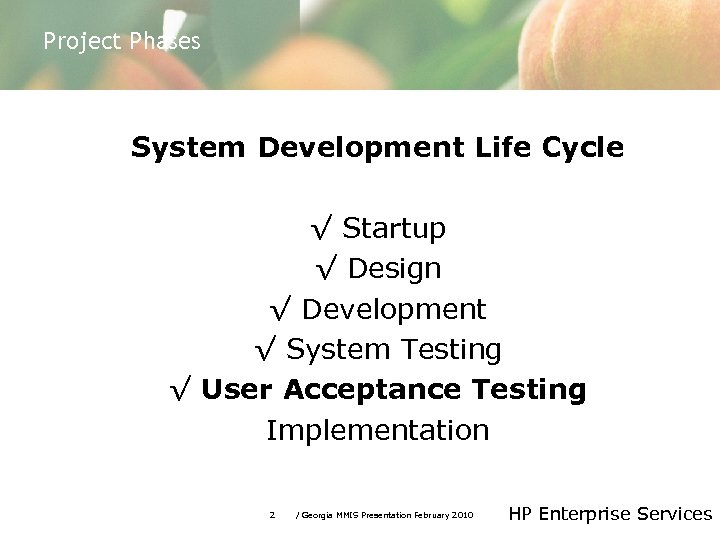 Project Phases System Development Life Cycle √ Startup √ Design √ Development √ System