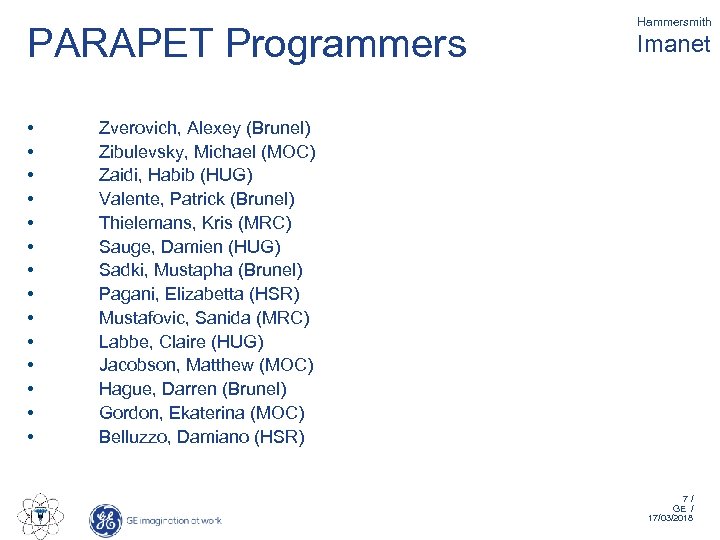 PARAPET Programmers • • • • Hammersmith Imanet Zverovich, Alexey (Brunel) Zibulevsky, Michael (MOC)