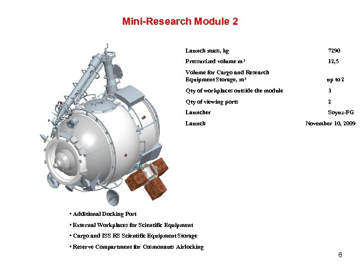 Mini-Research Module 2 Launch mass, kg 7290 Pressurized volume m 3 12, 5 Volume