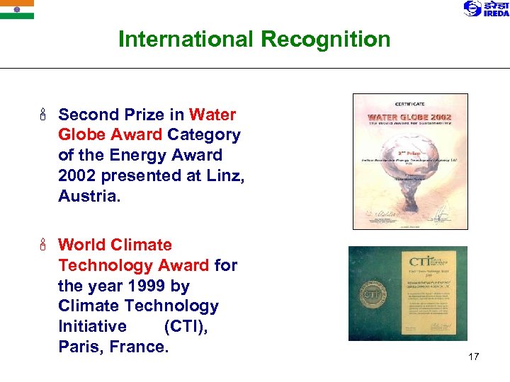 International Recognition ' Second Prize in Water Globe Award Category of the Energy Award