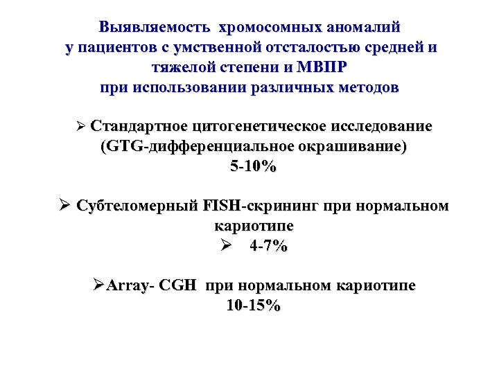 Выявляемость хромосомных аномалий у пациентов с умственной отсталостью средней и тяжелой степени и МВПР