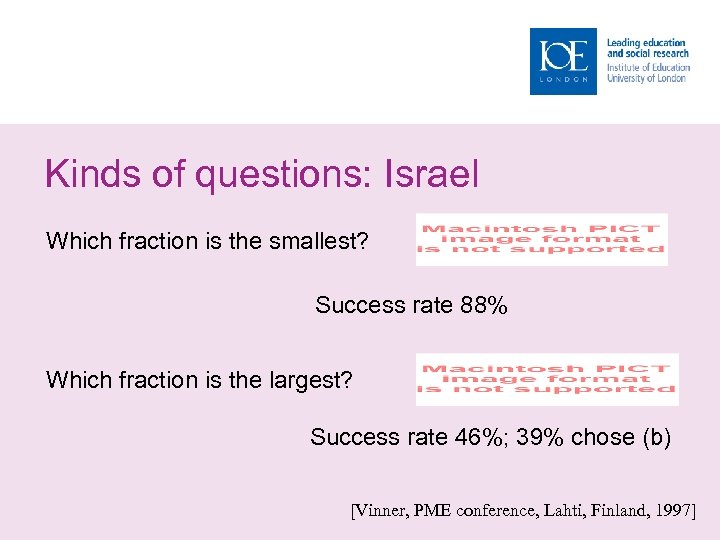 Kinds of questions: Israel Which fraction is the smallest? Success rate 88% Which fraction