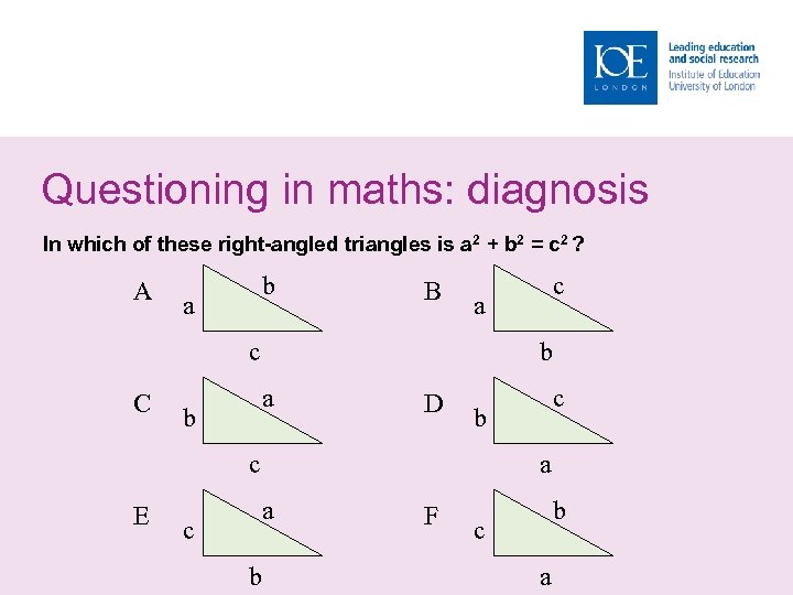 Questioning in maths: diagnosis In which of these right-angled triangles is a 2 +