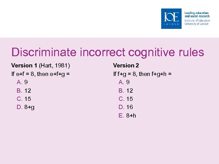 Discriminate incorrect cognitive rules Version 1 (Hart, 1981) If e+f = 8, then e+f+g