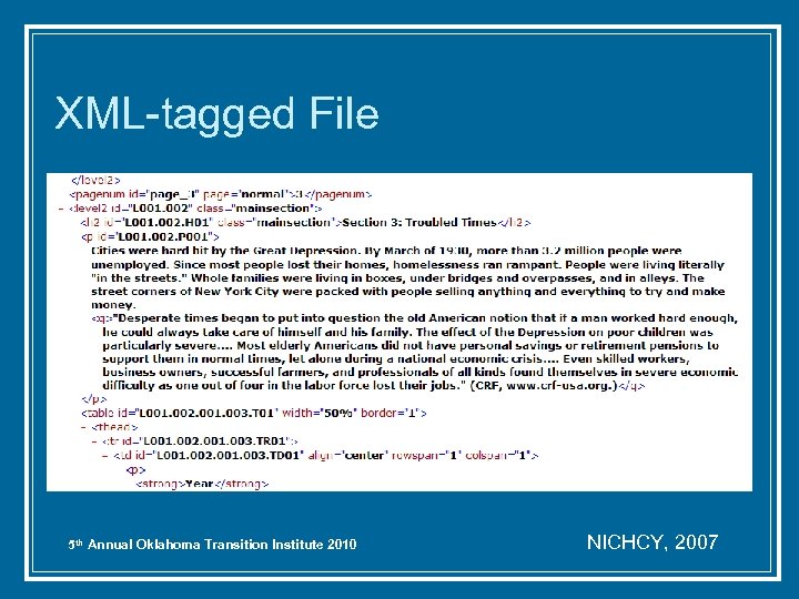 XML-tagged File 5 th Annual Oklahoma Transition Institute 2010 NICHCY, 2007 
