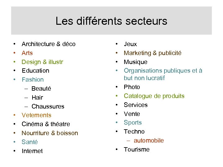 Les différents secteurs • • • Architecture & déco Arts Design & illustr Education