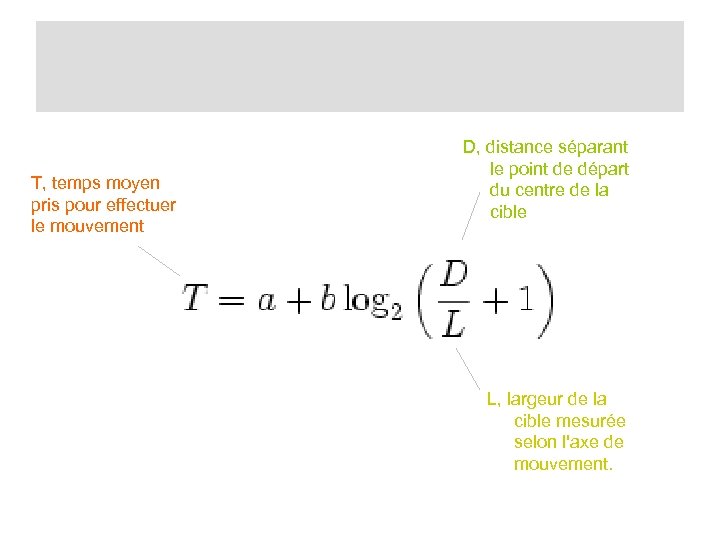 T, temps moyen pris pour effectuer le mouvement D, distance séparant le point de