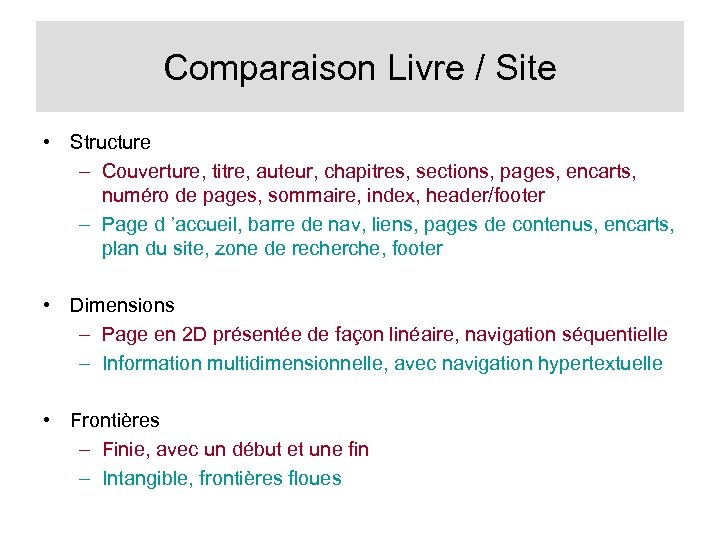 Comparaison Livre / Site • Structure – Couverture, titre, auteur, chapitres, sections, pages, encarts,