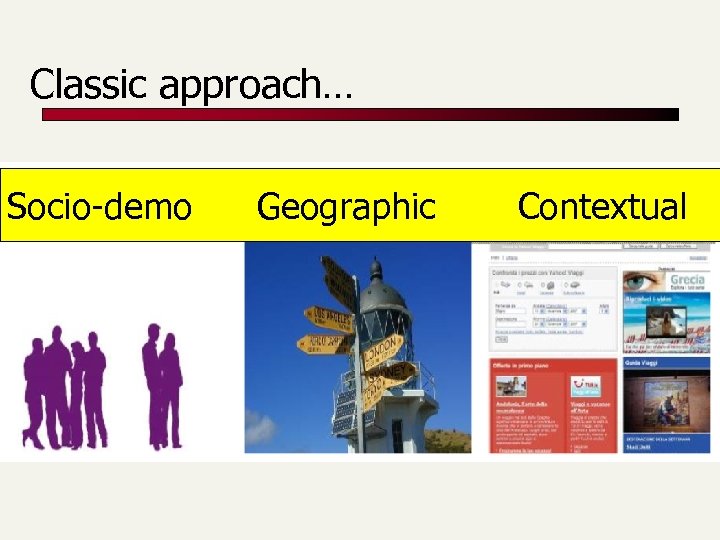 Classic approach… Socio-demo Geographic Contextual 