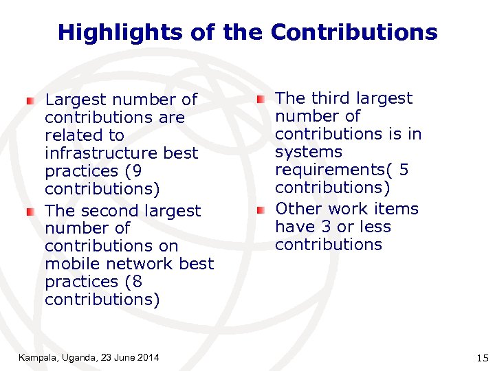 Highlights of the Contributions Largest number of contributions are related to infrastructure best practices