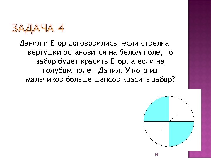 Данил и Егор договорились: если стрелка вертушки остановится на белом поле, то забор будет