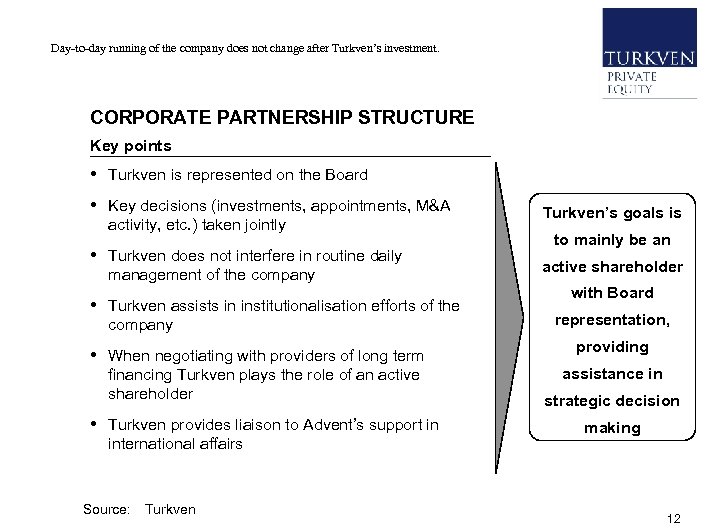  • Day-to-day running of the company does not change after Turkven’s investment. CORPORATE