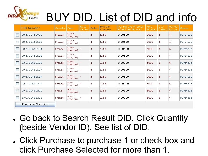 BUY DID. List of DID and info ● ● Go back to Search Result