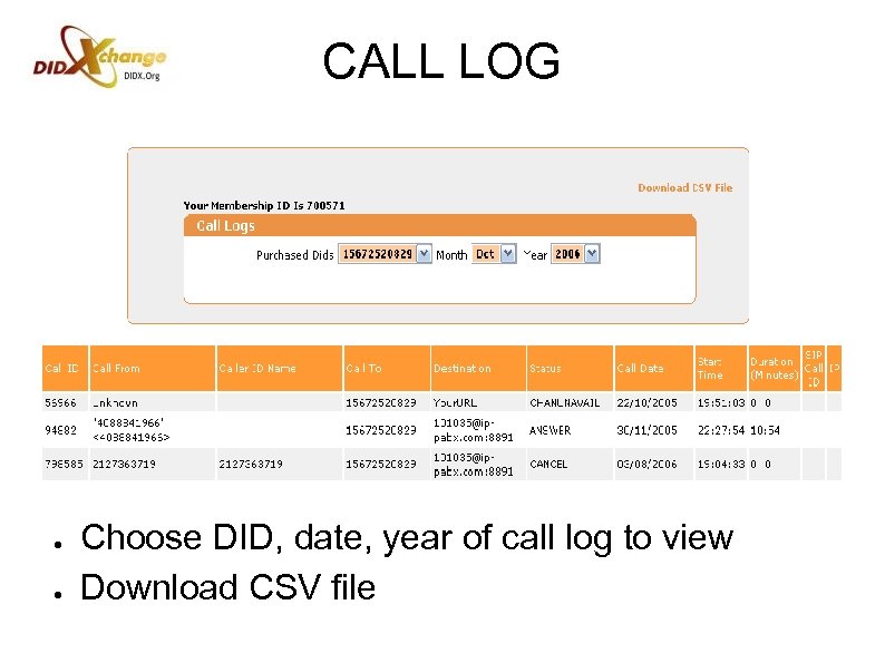 CALL LOG ● ● Choose DID, date, year of call log to view Download