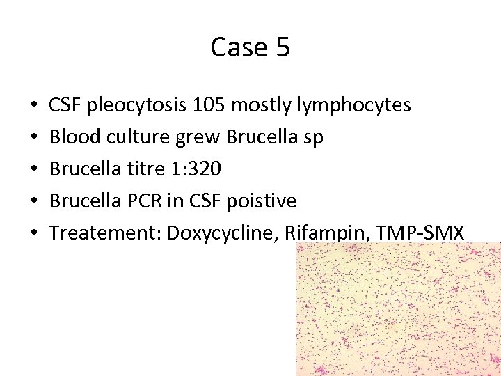 Case 5 • • • CSF pleocytosis 105 mostly lymphocytes Blood culture grew Brucella