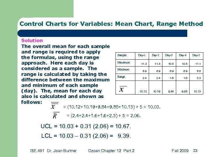 Control Charts for Variables: Mean Chart, Range Method Solution The overall mean for each