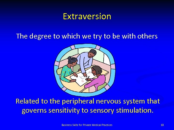 Extraversion The degree to which we try to be with others Related to the