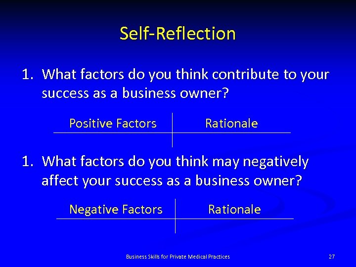 Self-Reflection 1. What factors do you think contribute to your success as a business