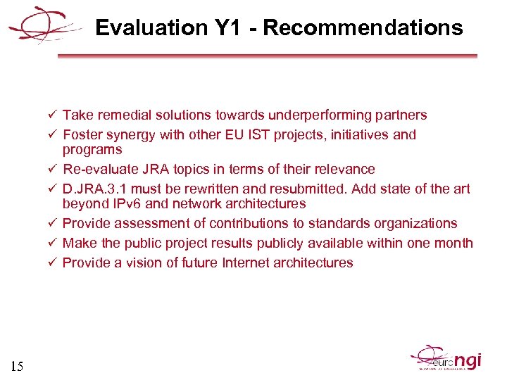 Evaluation Y 1 - Recommendations ü Take remedial solutions towards underperforming partners ü Foster