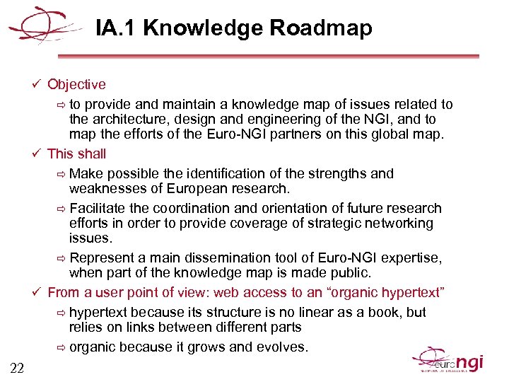 IA. 1 Knowledge Roadmap ü Objective ð to provide and maintain a knowledge map