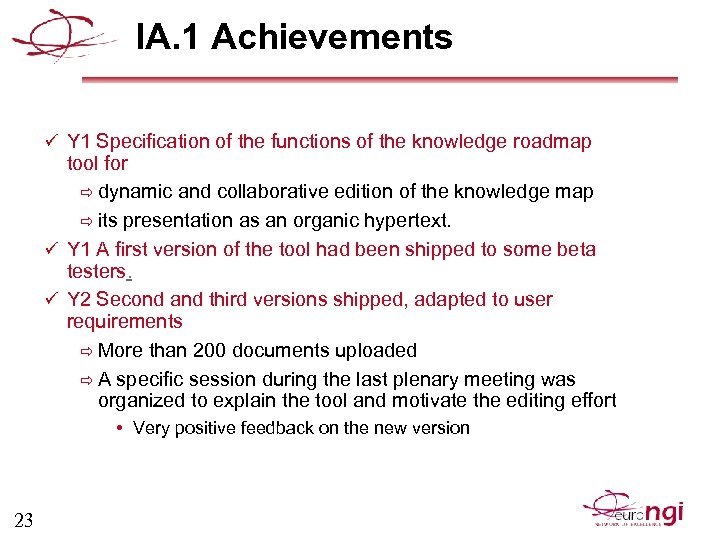 IA. 1 Achievements ü Y 1 Specification of the functions of the knowledge roadmap